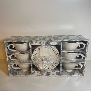 NIB Set Of 6 KF Porcelain Elegant White Teacups and Lattice Edge Saucers